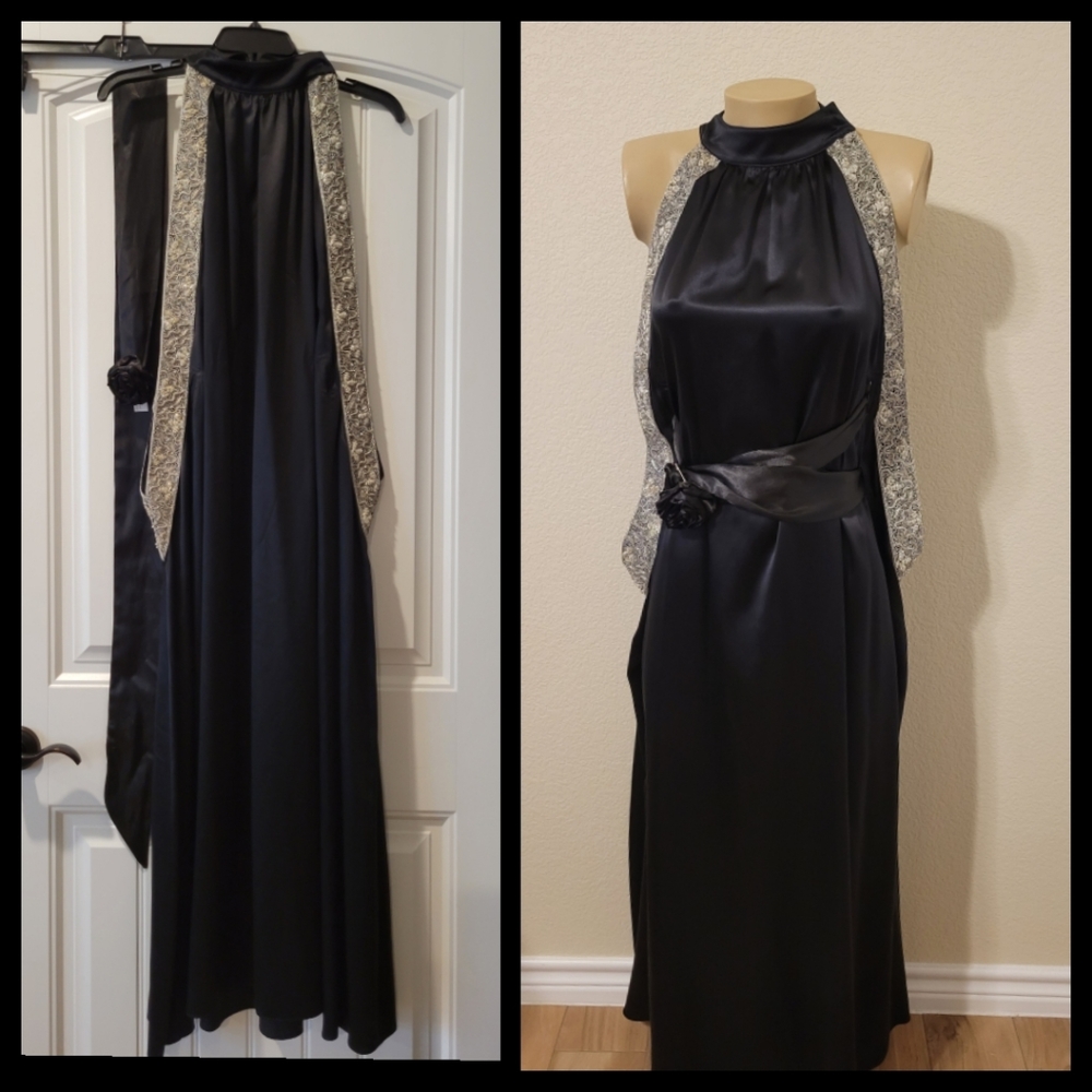 Sophia Grace black silk halter silver beaded long gown